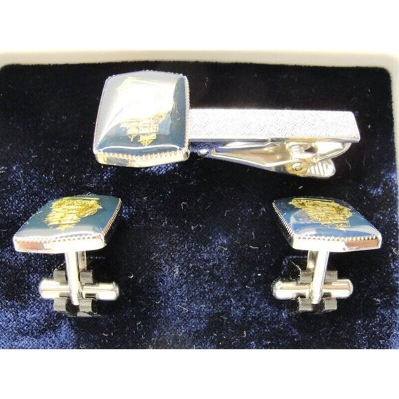 Gold Tone Ships Cufflinks & Neck Tie Clip Set Silver Tone Formal IOB Vintage - Picture 8 of 9